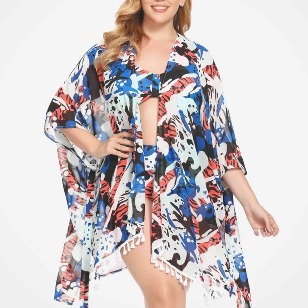 AS ROSE RICH BLACK CORAL BLUE TASSLE TRIMMED SWIM COVER SIZE 1X NWT